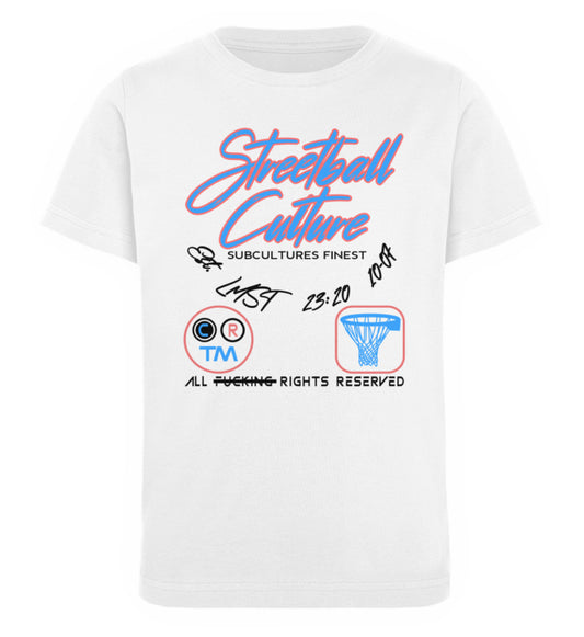 Weißes Kinder T-Shirt für Mädchen und Jungen bedruckt mit dem Design der Roger Rockawoo Kollektion Basketball Streetball Culture