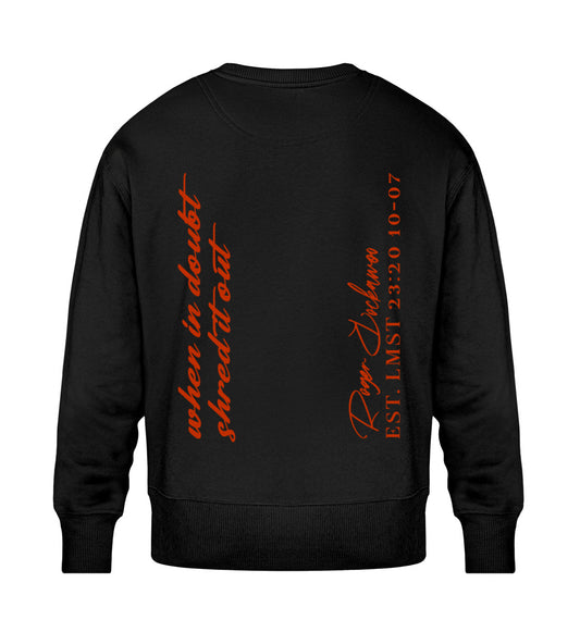 Schwarzes Sweatshirt Unisex für Frauen und Männer bedruckt mit dem Design der Roger Rockawoo Kollektion Guitar shred it out