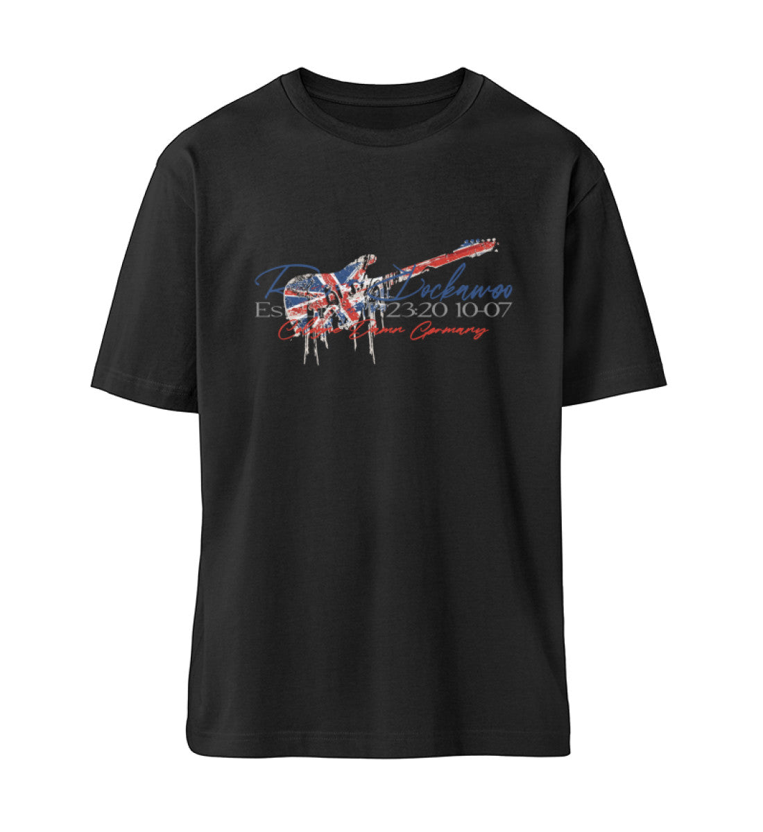 Schwarzes T-Shirt Unisex Relaxed Fit für Frauen und Männer bedruckt mit dem Design der Roger Rockawoo Kollektion Guitar Britpop Tragedy