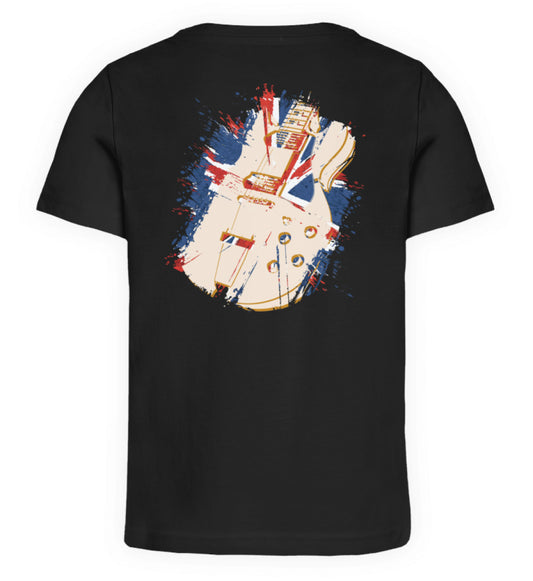 Schwarzes Kinder T-Shirt für Mädchen und Jungen bedruckt mit dem Design der Roger Rockawoo Kollektion E-Gitarre Britpop Tragedy
