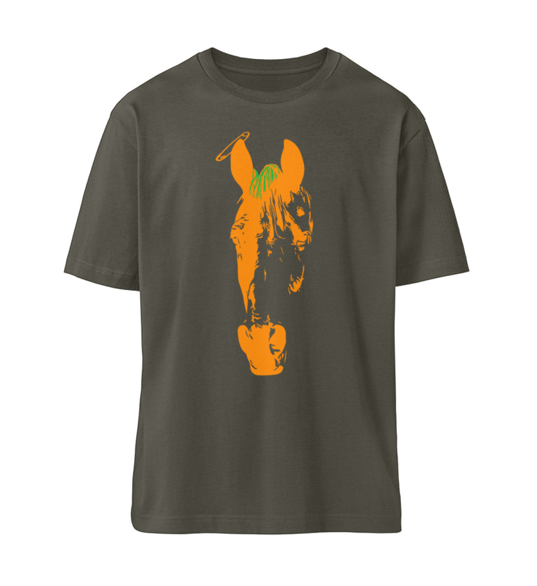 Khaki T-Shirt Unisex Relaxed Fit für Frauen und Männer bedruckt mit dem Design der Roger Rockawoo Kollektion punk is not dead horse