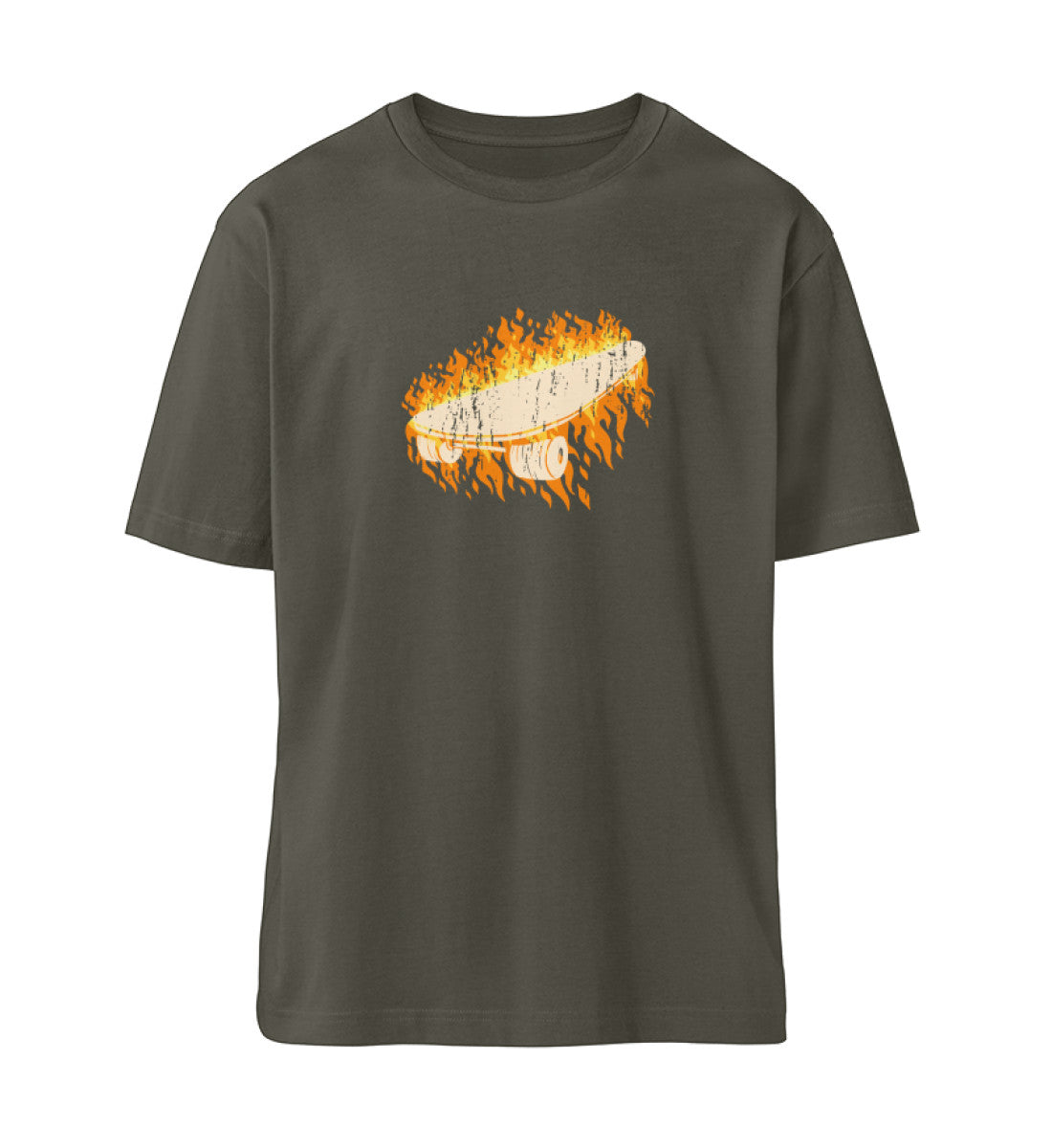 Khaki T-Shirt Unisex Damen und Herren rückseitig in weiß und orange bedruckt mit Skateboard Style Print und Logo Schriftzug von Roger Rockawoo Clothing aus der Skateboard Hiss off Kollektion