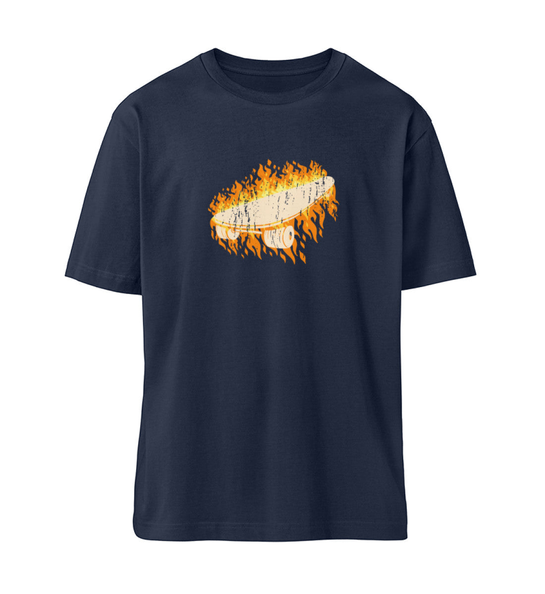 French Navy Blue T-Shirt Unisex Damen und Herren rückseitig in weiß und orange bedruckt mit Skateboard Style Print und Logo Schriftzug von Roger Rockawoo Clothing aus der Skateboard Hiss off Kollektion