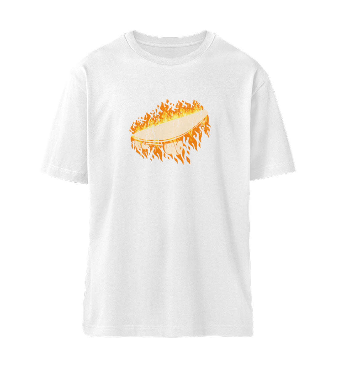 Weißes T-Shirt Unisex Damen und Herren rückseitig in weiß und orange bedruckt mit Skateboard Style Print und Logo Schriftzug von Roger Rockawoo Clothing aus der Skateboard Hiss off Kollektion