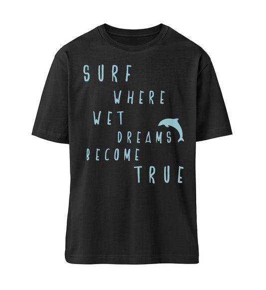 Schwarzes T-Shirt Unisex Relaxed Fit für Damen und Herren bedruckt mit dem Design der Roger Rockawoo Kollektion Surf where wet dreams become true