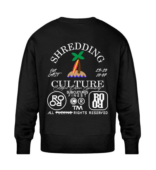 Schwarzes Sweatshirt Unisex für Frauen und Männer bedruckt mit dem Design der Roger Rockawoo Kollektion Surf shredding Culture Community