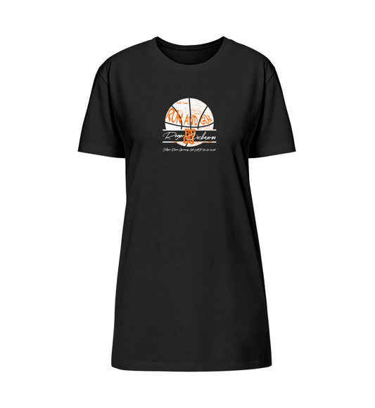 Schwarzes T-Shirt Kleid bedruckt in weiß und orange mit dem Logo Schriftzug und Design der Basketball run and gun Kollektion von Roger Rockawoo Clothing