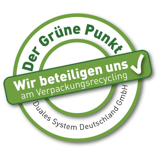 Mit diesem Logo zeigt Roger Rockawoo, dass wir Kunde beim Gruenen Punkt sind, und damit unseren Pflichten zur Systembeteiligung nach dem Verpackungsgesetz nachkommen