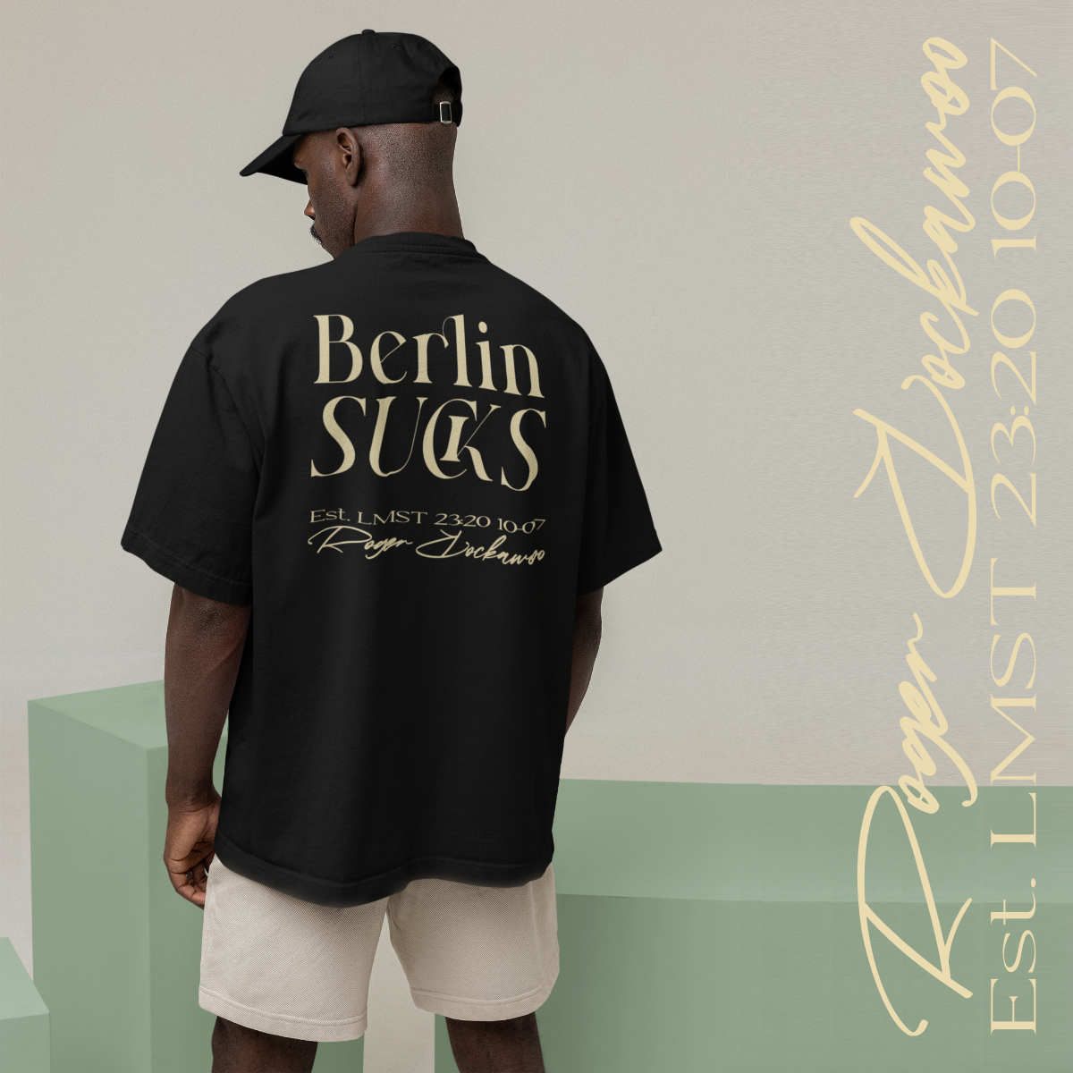 Schwarzes T-Shirt aus den Motto Fun T-Shirt Kollektionen von Roger Rockawoo Clothing präsentiert von männlichen Model in der Rückansicht