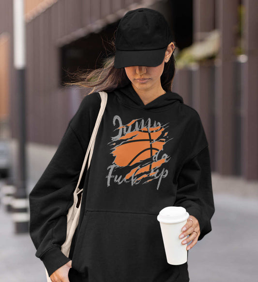 Schwarzer Hoodie Damen und Herren Unisex Oversize Fit mit Print Design der Basketball Downtown Kollektion im Roger Rockawoo Clothing