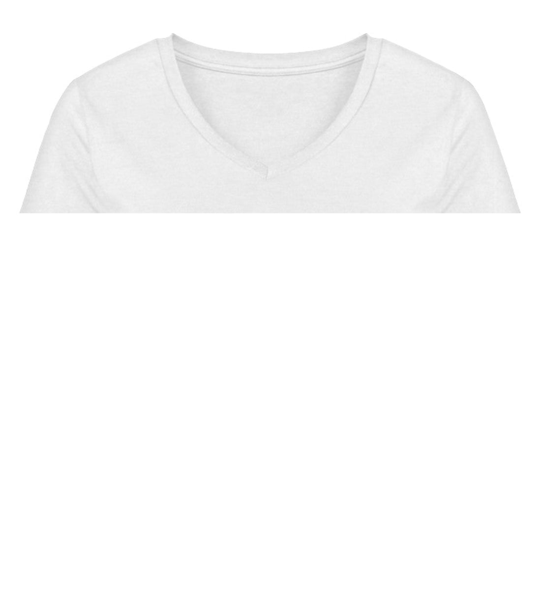 Weißes Damen T-Shirt mit V-Ausschnitt bedruckt mit dem Design der Roger Rockawoo Kollektion Minimalism