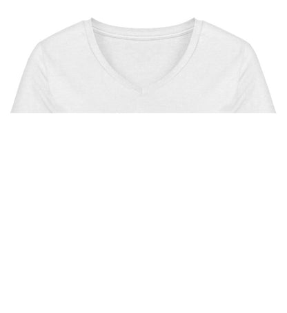 Weißes Damen T-Shirt mit V-Ausschnitt bedruckt mit dem Design der Roger Rockawoo Kollektion Minimalism