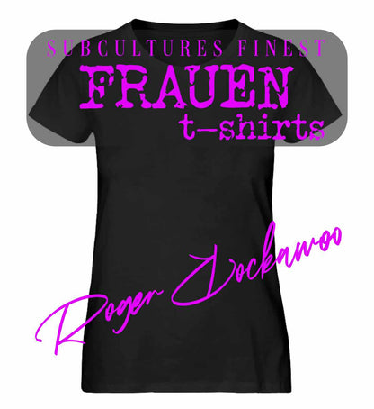 Schwarzes Damen T-Shirt bedruckt mit dem Design der Roger Rockawoo Kollektion Thank God
