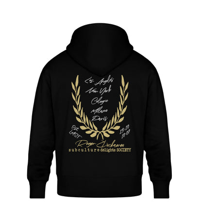 Schwarzer Oversize Hoodie Unisex für Frauen und Männer bedruckt mit dem Design der Roger Rockawoo Kollektion all i need is this guitar