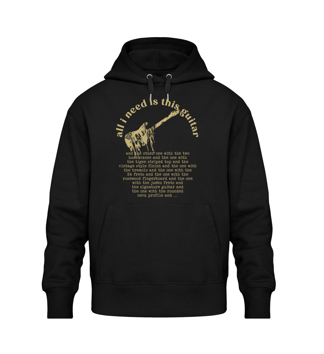 Schwarzer Oversize Hoodie Unisex für Frauen und Männer bedruckt mit dem Design der Roger Rockawoo Kollektion all i need is this guitar