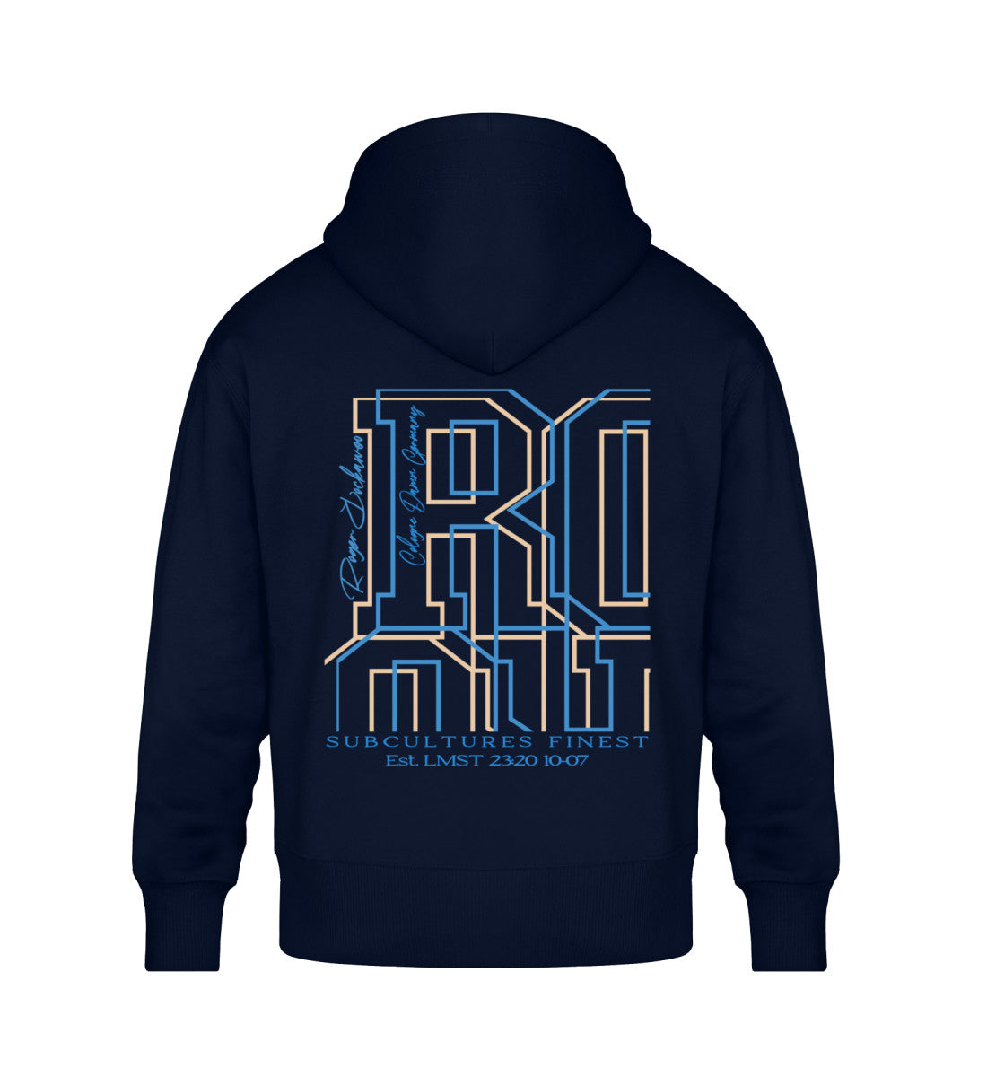 French Navy Blue farbiger Oversize Hoodie Unisex für Frauen und Männer bedruckt mit dem Design der Roger Rockawoo Kollektion and then boxing