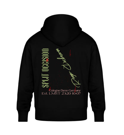 Schwarzer Oversize Hoodie Unisex für Frauen und Männer bedruckt mit dem Design der Roger Rockawoo Kollektion Boxing Split Decision