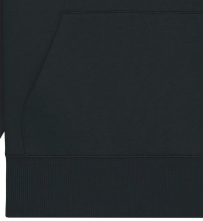 Schwarzer Hoodie Unisex für Damen und Herren in Oversize Passform rückseitig bedruckt in weiß mit dem Design der Skateboard Hiss off Kollektion und dem Logo Schriftzug von Roger Rockawoo Clothing