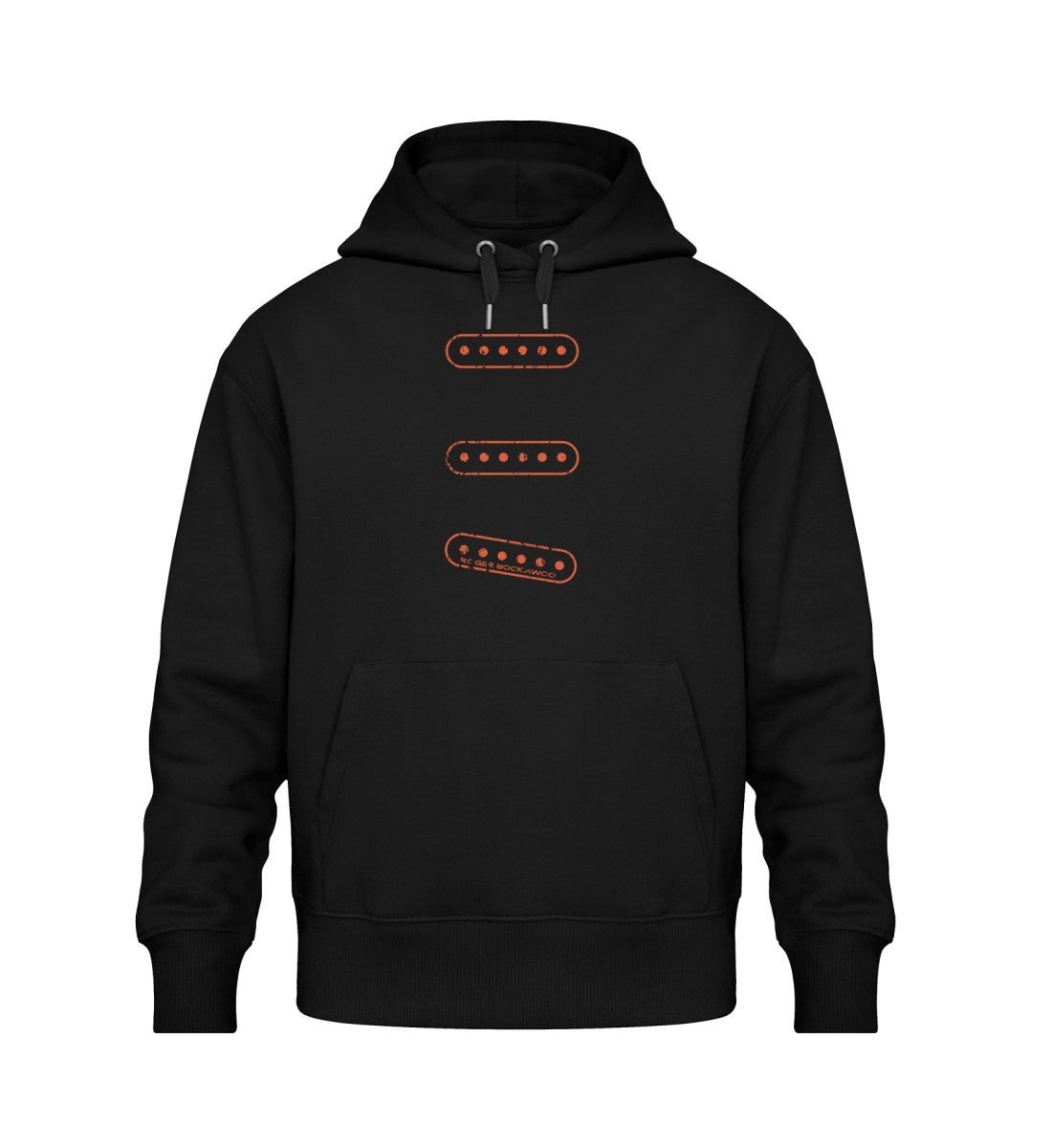 Schwarzer Oversize Hoodie Unisex für Frauen und Männer bedruckt mit dem Design der Roger Rockawoo Kollektion E-Gitarren Single Coil Set Up