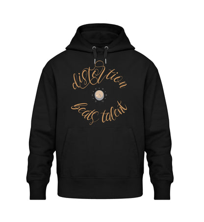 Schwarzer Oversize Hoodie Unisex für Frauen und Männer bedruckt mit dem Design der Roger Rockawoo Kollektion Guitar Distortion beats talent