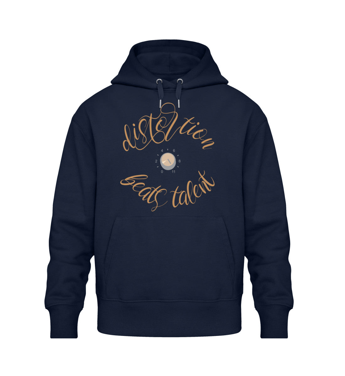 French Navy Blue farbiger Oversize Hoodie Unisex für Frauen und Männer bedruckt mit dem Design der Roger Rockawoo Kollektion Guitar Distortion beats talent