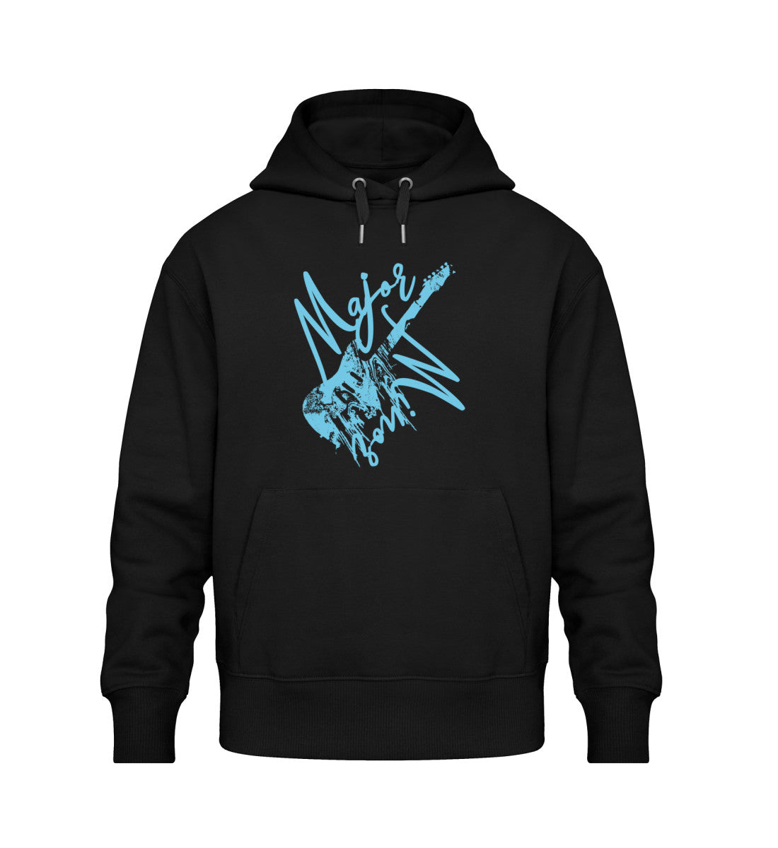 Schwarzer Oversize Hoodie Unisex für Frauen und Männer bedruckt mit dem Design der Roger Rockawoo Kollektion Guitar Major or Minor