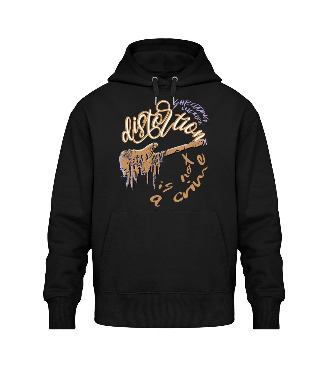 Schwarzer Oversize Hoodie Unisex für Frauen und Männer bedruckt mit dem Design der Roger Rockawoo Kollektion Guitar Distortion is not a crime