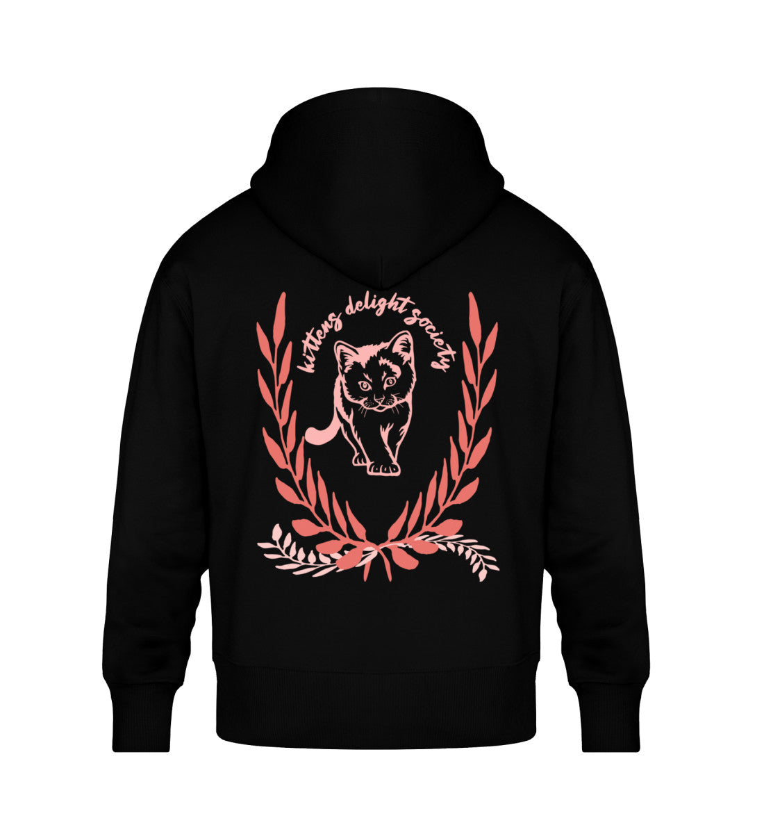 Schwarzer Oversize Hoodie Unisex für Frauen und Männer bedruckt mit dem Design der Roger Rockawoo Kollektion Kitties delight societySchwarzer Oversize Hoodie Unisex für Frauen und Männer bedruckt mit dem Design der Roger Rockawoo Kollektion Kittens delight society