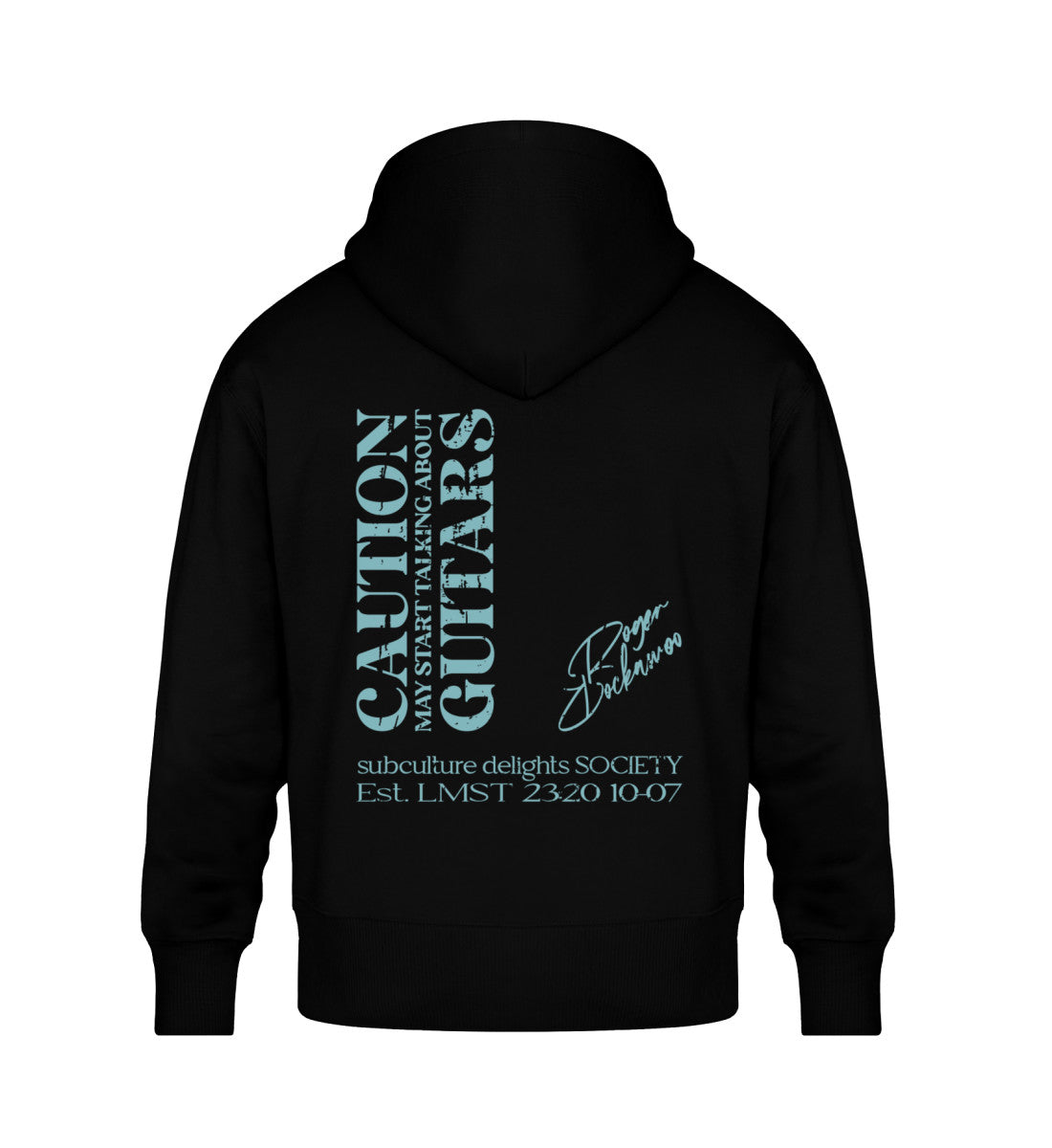 Schwarzer Oversize Hoodie Unisex für Frauen und Männer bedruckt mit dem Design der Roger Rockawoo Kollektion Caution may start talking about guitars