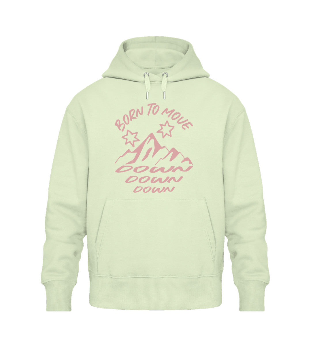 Stem Green farbiger Oversize Hoodie Unisex für Damen und Herren bedruckt mit dem Design der Roger Rockawoo Kollektion Mountainbike born to move down