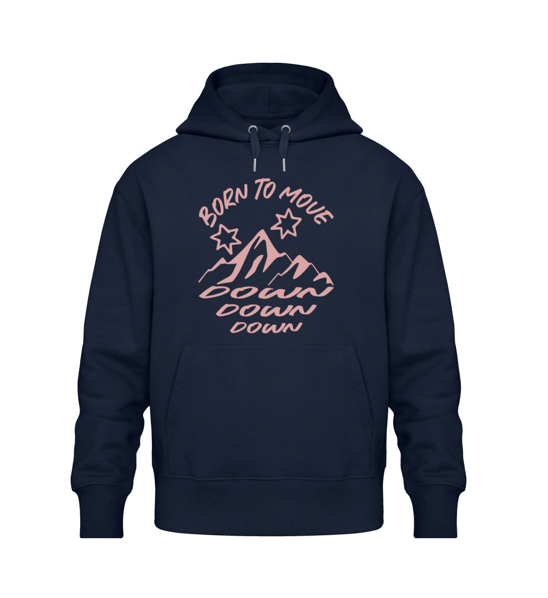 Navy Blue farbiger Oversize Hoodie Unisex für Frauen und Männer bedruckt mit dem Design der Roger Rockawoo Kollektion Mountainbike born to move down