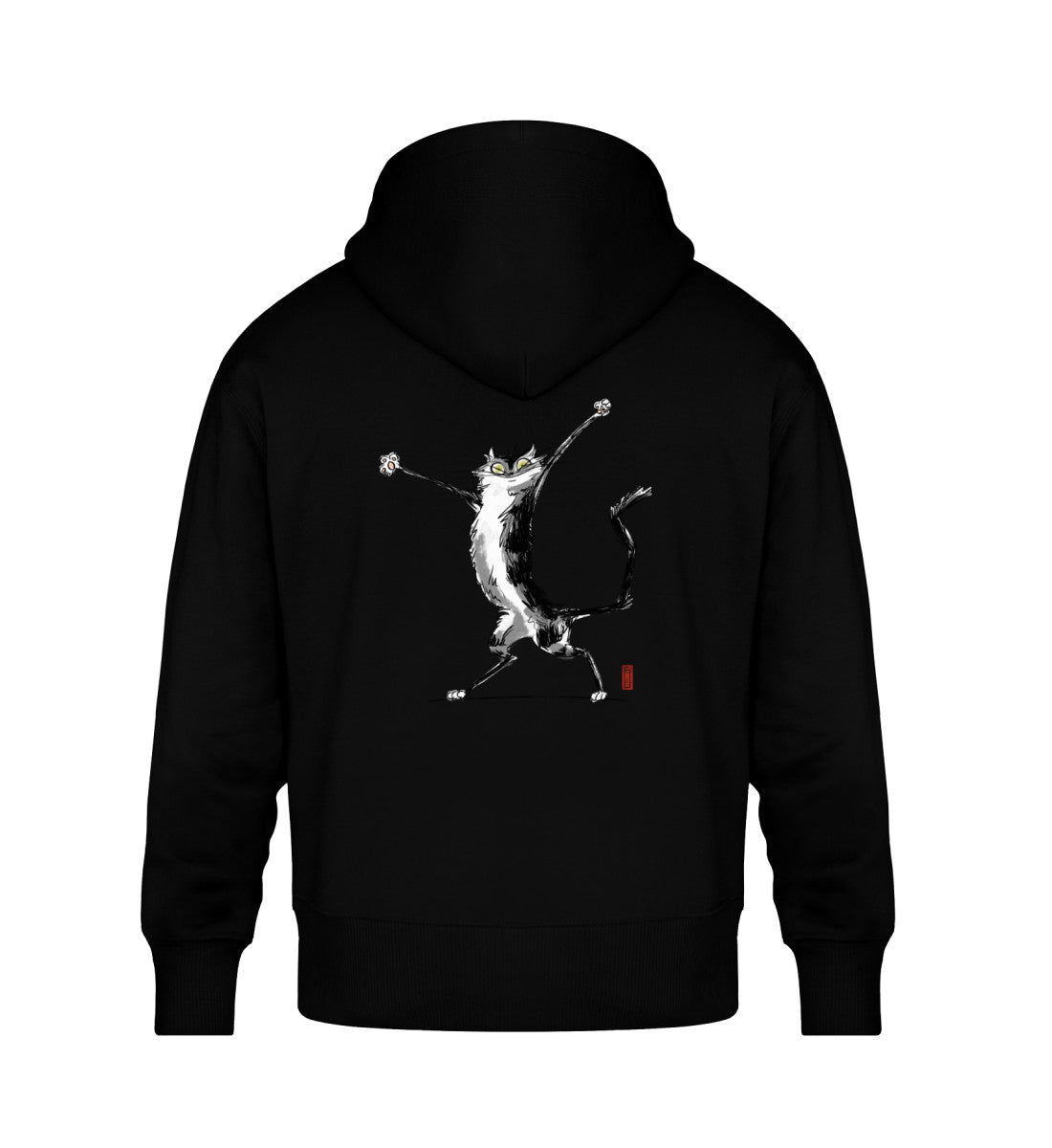 Schwarzer Oversize Hoodie Unisex für Frauen und Männer bedruckt mit dem Design der Roger Rockawoo Kollektion by fraugau Chaos Cat