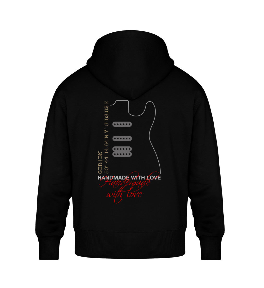 Schwarzer Oversize Hoodie Unisex für Frauen und Männer bedruckt mit dem Design der Roger Rockawoo Kollektion Smooth Custom Guitars