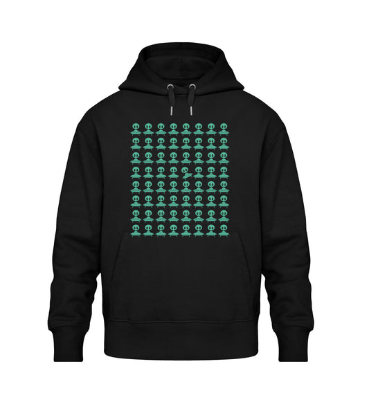 Schwarzer Oversize Hoodie Unisex für Frauen und Männer bedruckt mit dem Design der Roger Rockawoo Kollektion Space Invaders Property