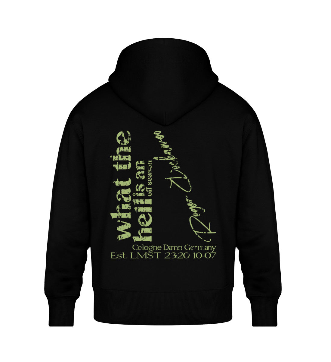 Schwarzer Oversize Hoodie Unisex für Frauen und Männer bedruckt mit dem Design der Roger Rockawoo Kollektion Surf Off Season