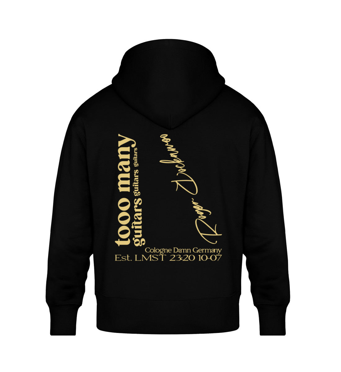 Schwarzer Oversize Hoodie Unisex für Frauen und Männer bedruckt mit dem Design der Roger Rockawoo Kollektion Tooo many Guitars