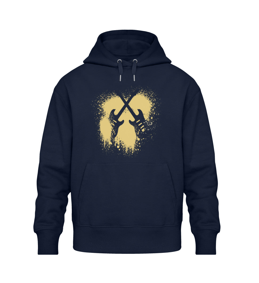 French Navy Blue farbiger Oversize Hoodie Unisex für Frauen und Männer bedruckt mit dem Design der Roger Rockawoo Tooo many Guitars