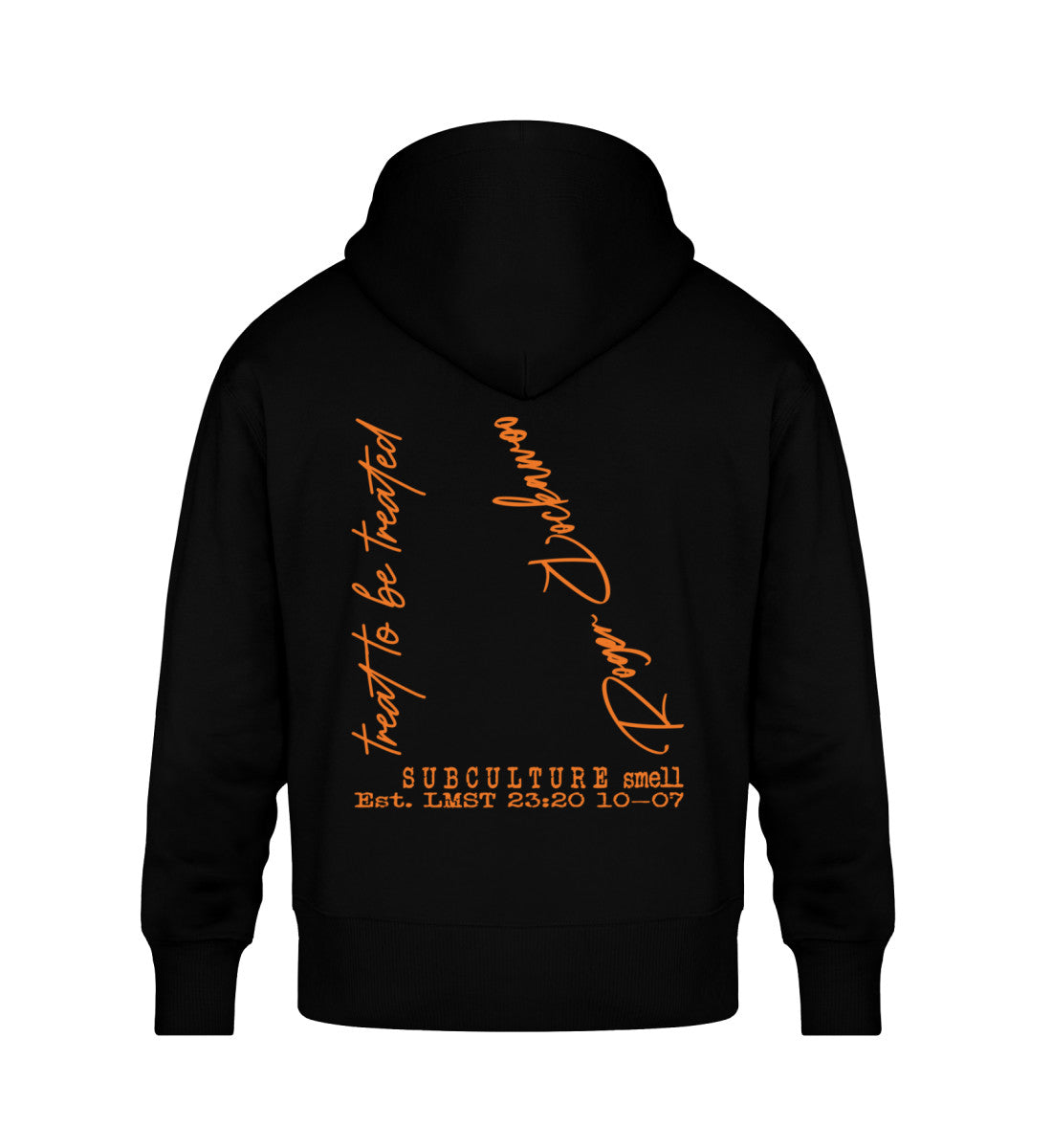 Schwarzer Oversize Hoodie Unisex für Frauen und Männer bedruckt mit dem Design der Roger Rockawoo Kollektion treat to be treated