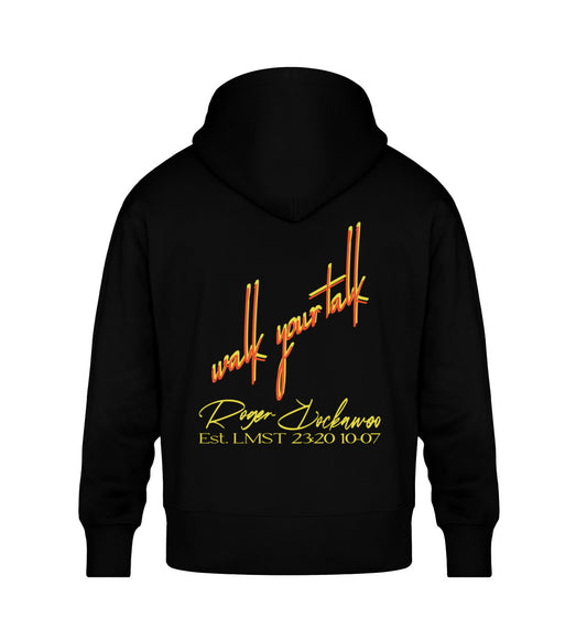 Schwarzer Hoodie Oversize Unisex für Damen und Herren bedruckt mit Print Design Aufdruck der Walk your Talk Edition im Roger Rockawoo Clothing Webstore Subcultures Finest