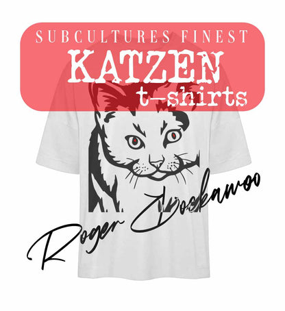 Weißes T-Shirt Unisex Oversize Fit für Frauen und Männer bedruckt mit dem Design der Roger Rockawoo Kollektion Katzen we are not alone