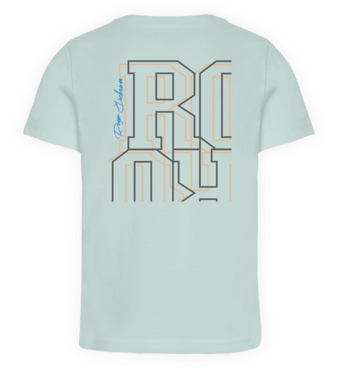 Carribean Blue farbiges Kinder T-Shirt für Mädchen und Jungen bedruckt mit dem Design der Roger Rockawoo Kollektion and then downhill MTB came along