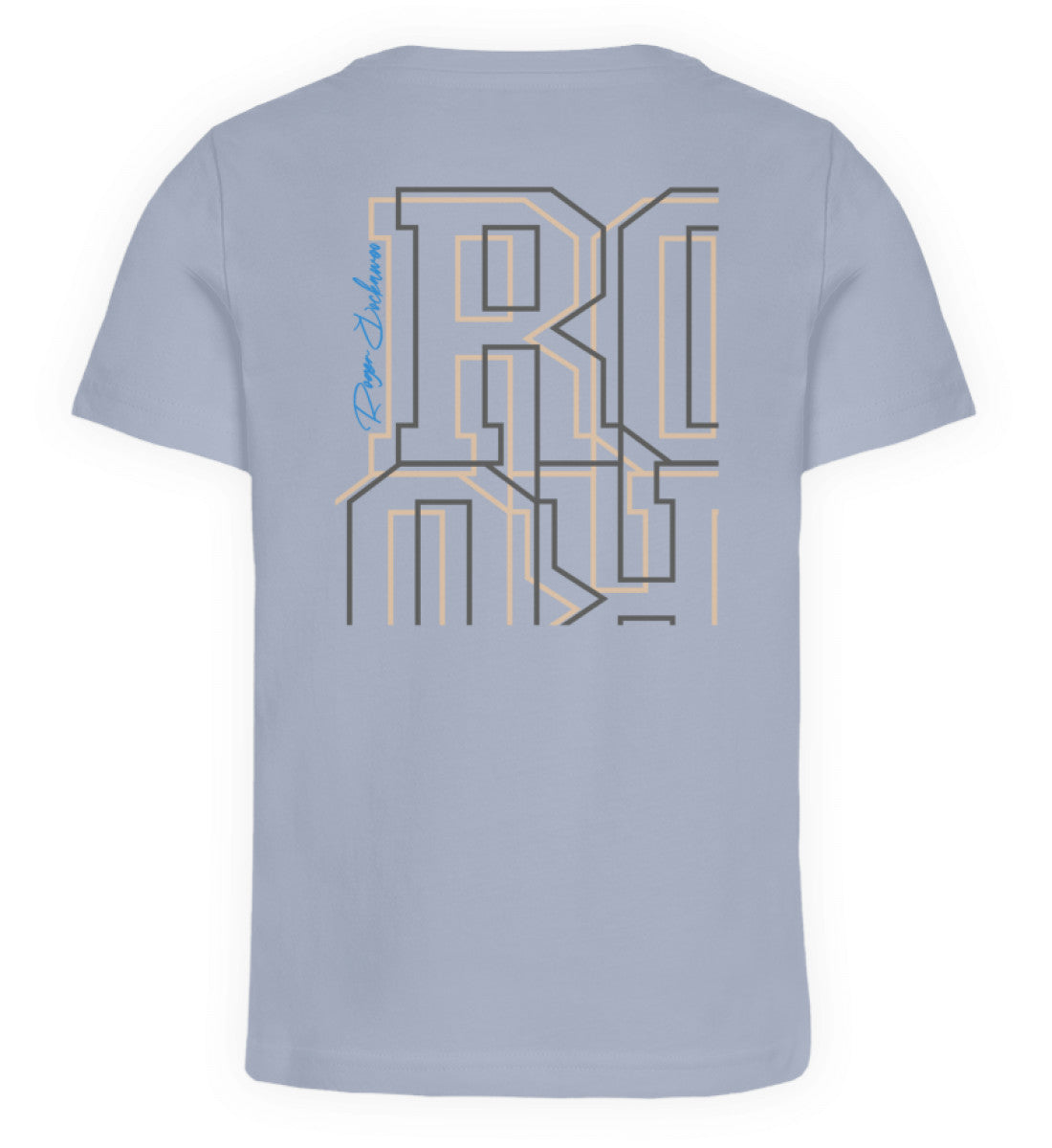 Serene Blue farbiges Kinder T-Shirt für Mädchen und Jungen bedruckt mit dem Design der Roger Rockawoo Kollektion and then downhill MTB came along