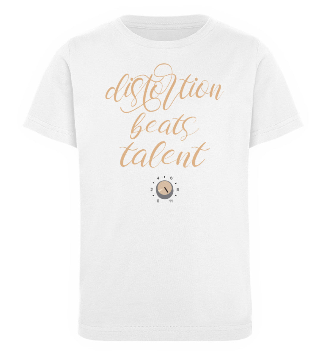 Weißes Kinder T-Shirt für Mädchen und Jungen bedruckt mit dem Design der Roger Rockawoo Kollektion E-Gitarre Distortion beats Talent