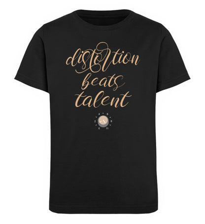 Schwarzes Kinder T-Shirt für Mädchen und Jungen bedruckt mit dem Design der Roger Rockawoo Kollektion E-Gitarre Distortion beats Talent