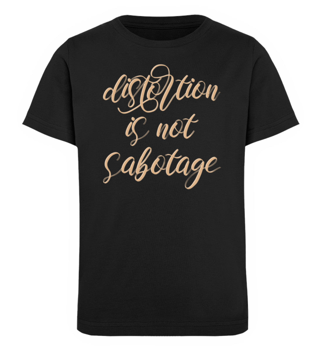 Schwarzes Kinder T-Shirt für Mädchen und Jungen bedruckt mit dem Design der Roger Rockawoo Kollektion E-Gitarre Distortion is not Sabotage