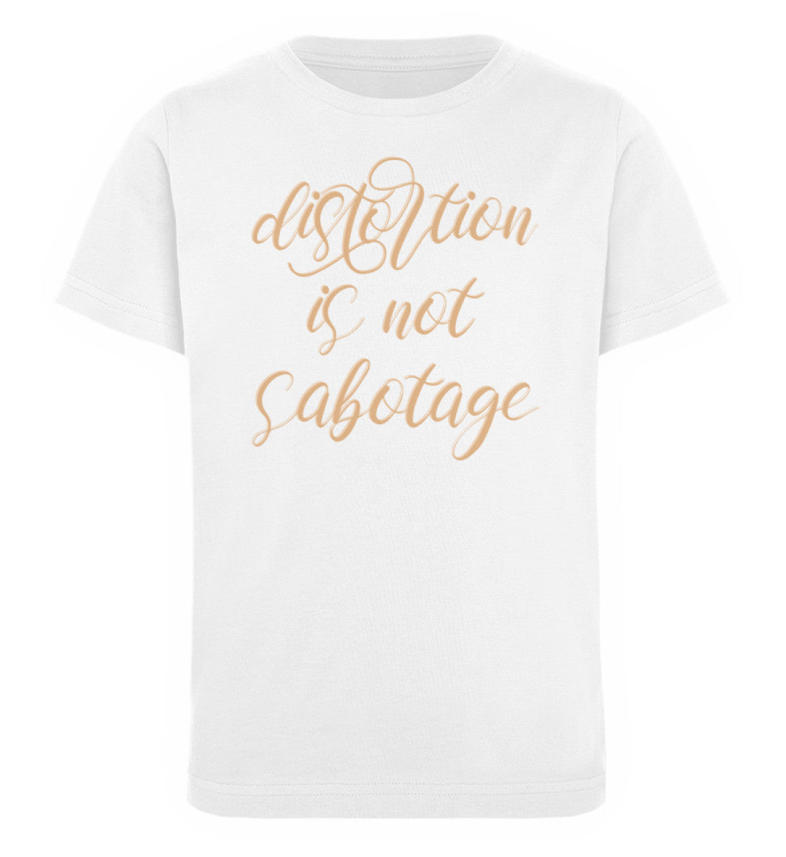 Weißes Kinder T-Shirt für Mädchen und Jungen bedruckt mit dem Design der Roger Rockawoo Kollektion E-Gitarre Distortion is not Sabotage