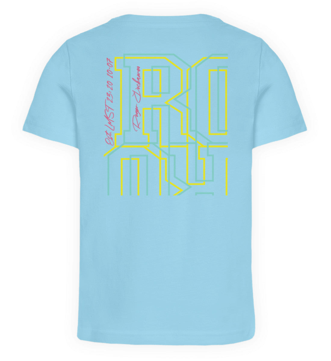 Himmelblau farbiges Kinder T-Shirt für Mädchen und Jungen bedruckt mit dem Design der Roger Rockawoo Kollektion Interplanetary Surf Society