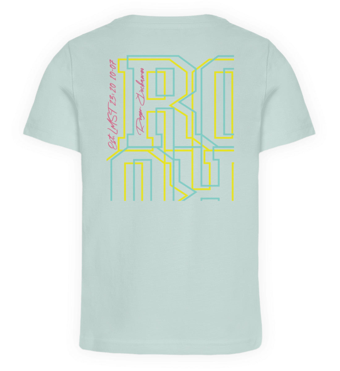 Carribean Blue farbiges Kinder T-Shirt für Mädchen und Jungen bedruckt mit dem Design der Roger Rockawoo Kollektion Interplanetary Surf Society