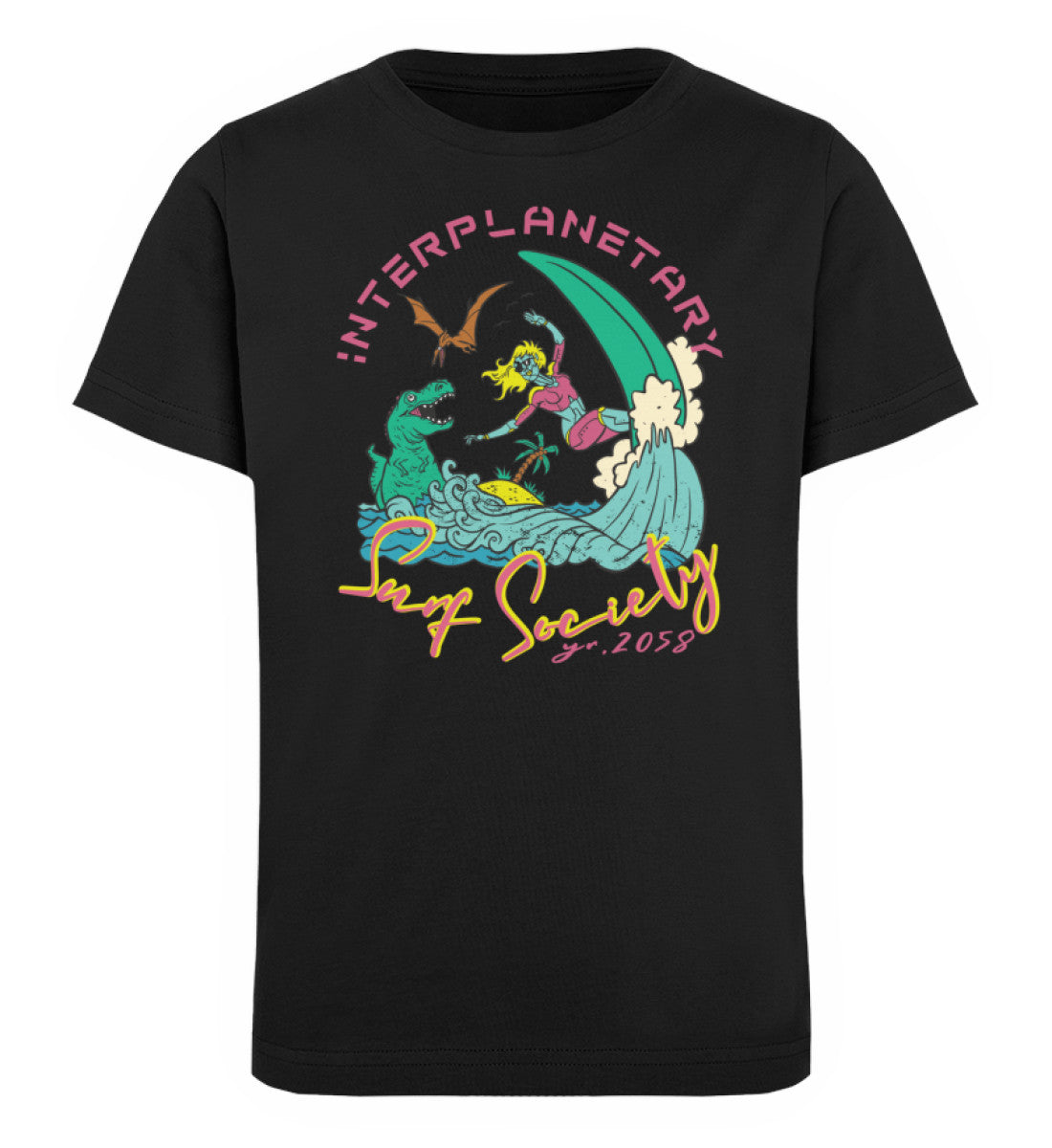 Schwarzes Kinder T-Shirt für Mädchen und Jungen bedruckt mit dem Design der Roger Rockawoo Kollektion Interplanetary Surf Society