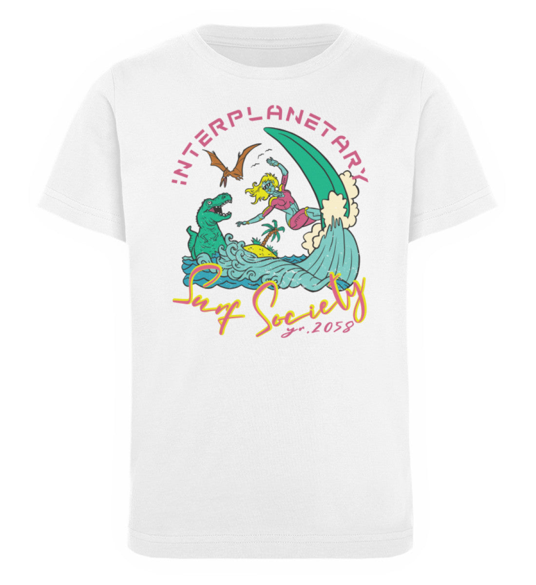 Weißes Kinder T-Shirt für Mädchen und Jungen bedruckt mit dem Design der Roger Rockawoo Kollektion Interplanetary Surf Society